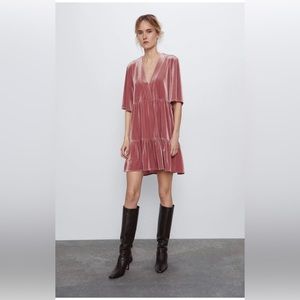 Zara Velour Ribbed Babydoll Dress